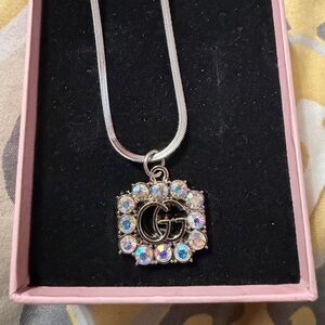 GG Silver AB Stone Gucci Pendant On Silver Chain Necklace